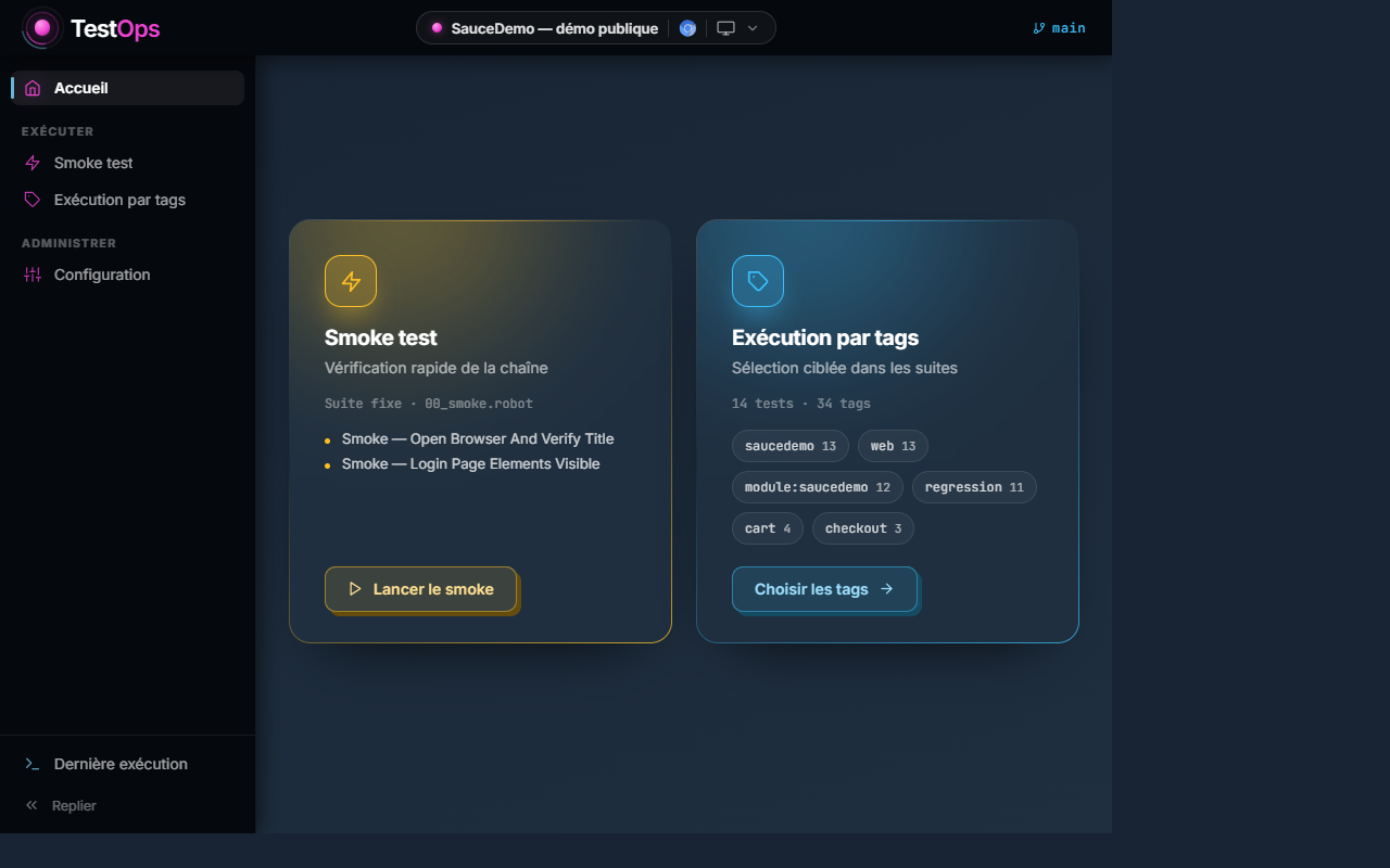 Interface TestOps : choix entre un smoke test et une exécution par tags, avec le contexte du run affiché en entête